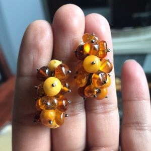 Awesome sterling and amber half hoop beaded earrings